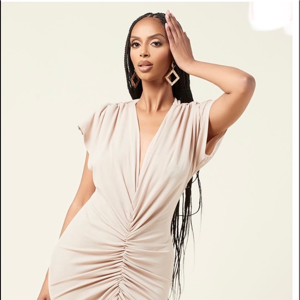 Khaki midi dress with ruched detailing